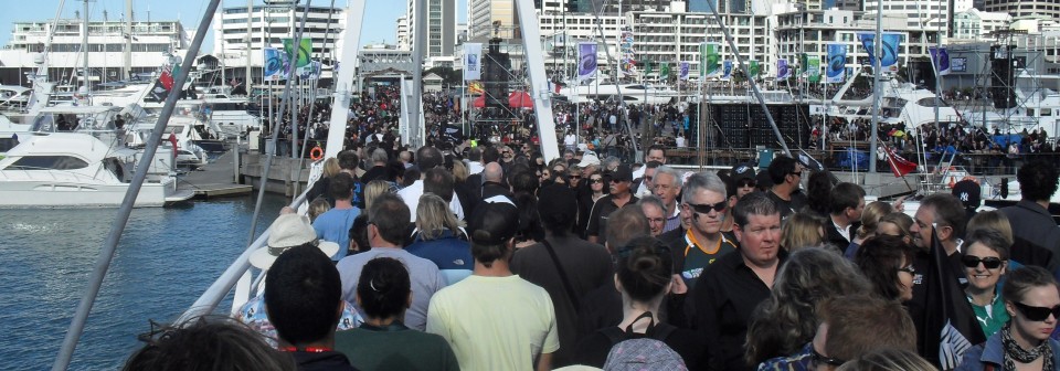 Crowds crossing the footbridge in Auckland's Viaduct Harbour during the 2011 Rugby World Cup